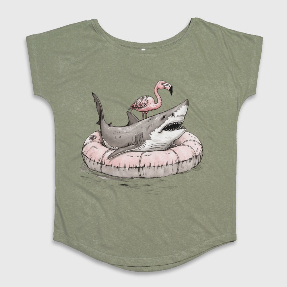 Shark with Flamingo on Inflatable Ring Graphic Tee