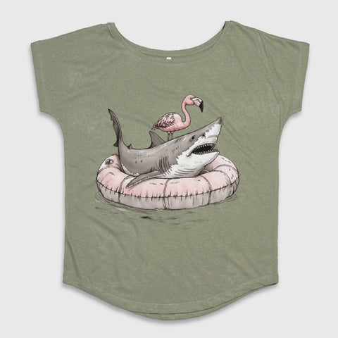 Shark with Flamingo on Inflatable Ring Graphic Tee