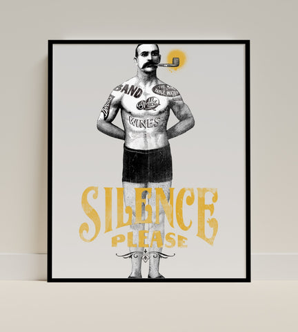Silence Please Vintage Tattooed Man Art Print