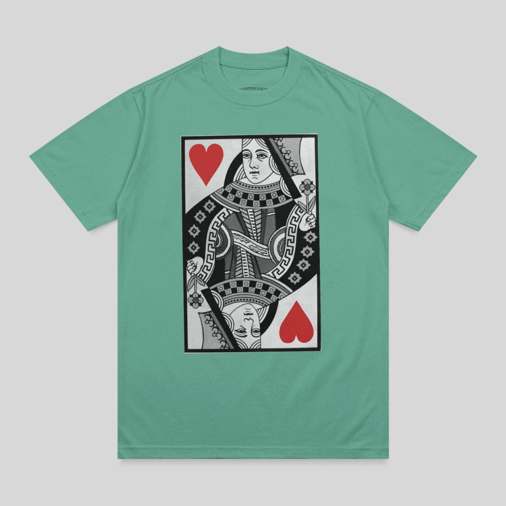 Queen of Hearts playing card graphic on a teal t-shirt.