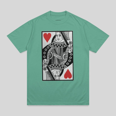 Queen of Hearts playing card graphic on a teal t-shirt.