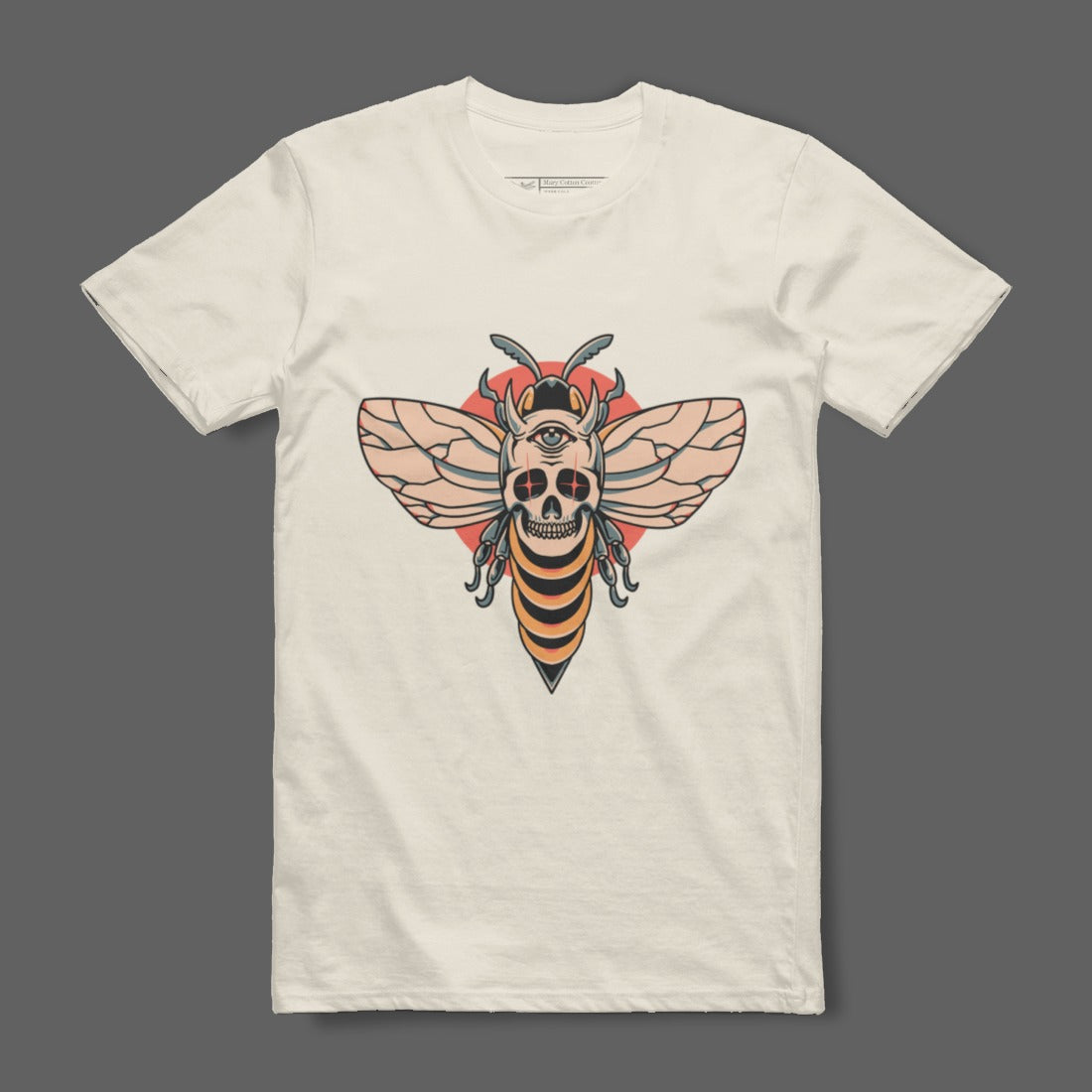 Horned Skull Bee Illustration on White T-Shirt