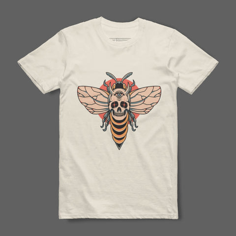 Horned Skull Bee Illustration on White T-Shirt