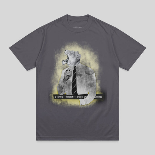 T-shirt with a graphic of a roaring lion in a suit and tie.