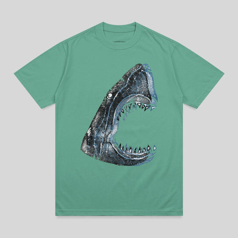 Shark graphic on a green t-shirt.