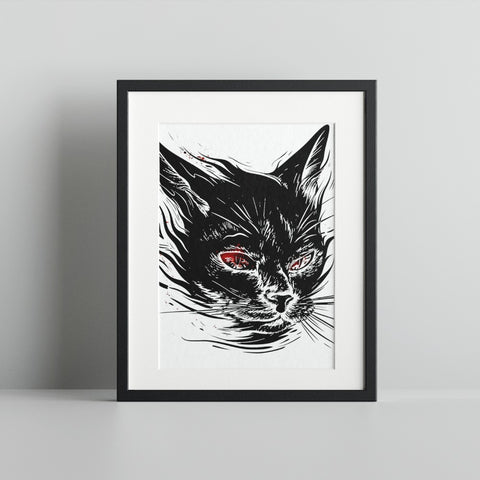 Mysterious Black Cat Wall Art with Red Eyes Framed Print