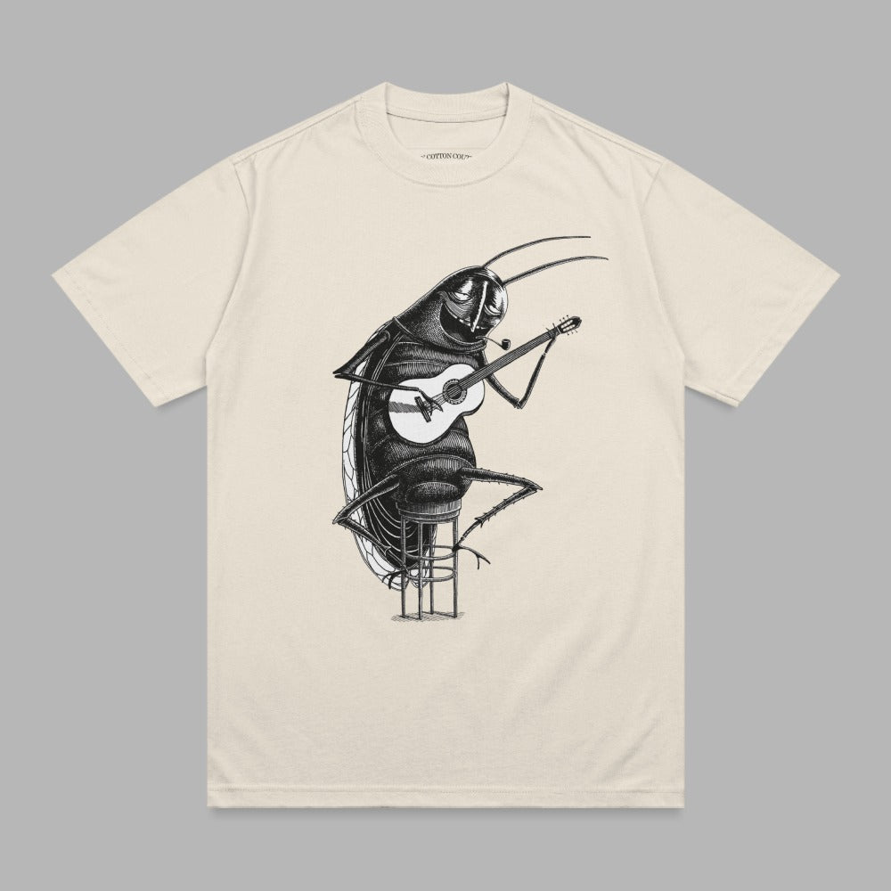 Illustration of a cockroach playing a guitar and smoking a pipe on a stool.