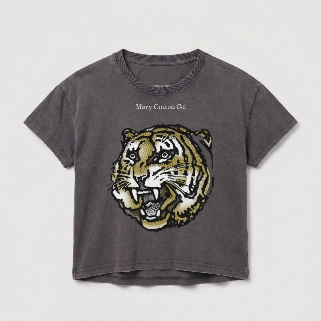 Dark gray t-shirt with a detailed tiger head graphic and "Mary Cotton Co." text.