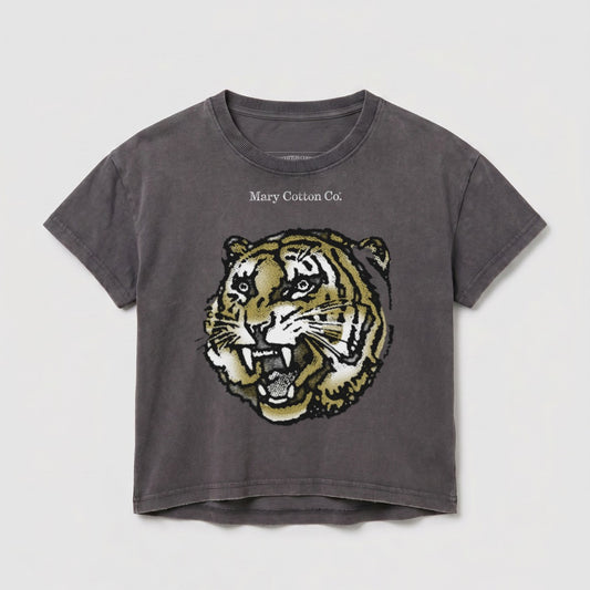 Dark gray t-shirt with a detailed tiger head graphic and "Mary Cotton Co." text.