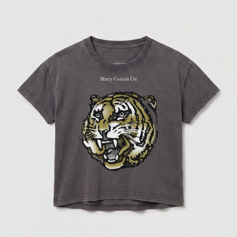 Dark gray t-shirt with a detailed tiger head graphic and "Mary Cotton Co." text.