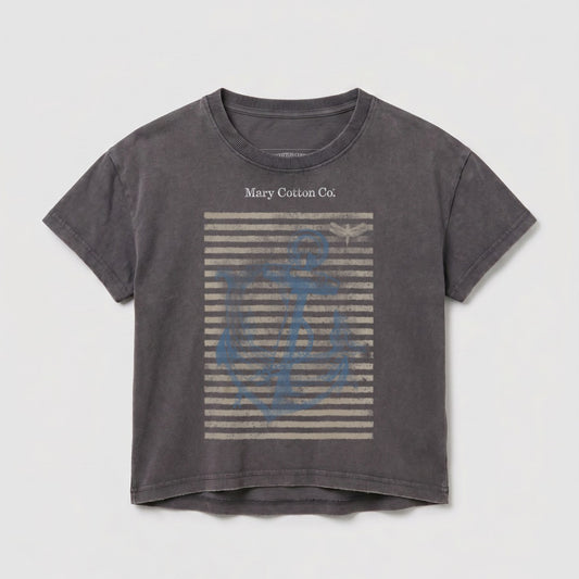 Dark grey t-shirt with "Mary Cotton Co." text and a faded anchor graphic.