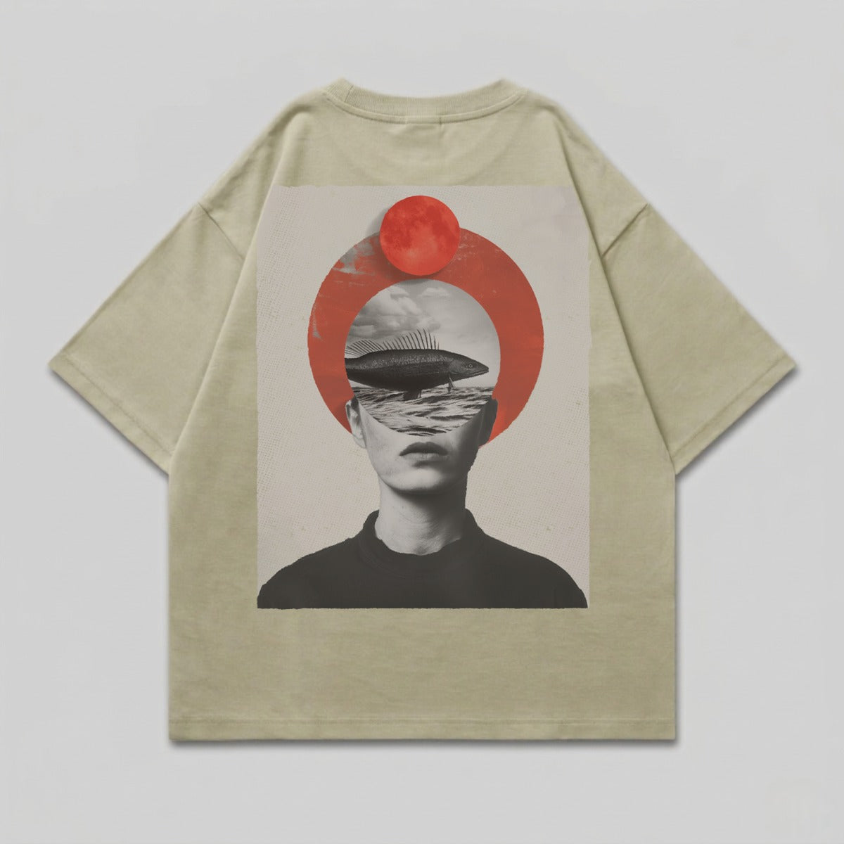 Abstract human visage fish seascape red halo design product type