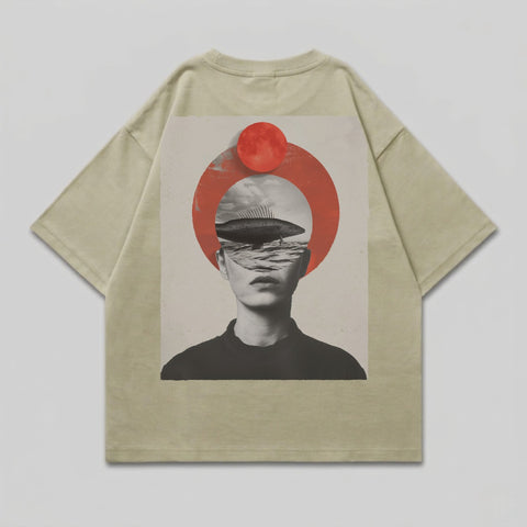 Abstract human visage fish seascape red halo design product type