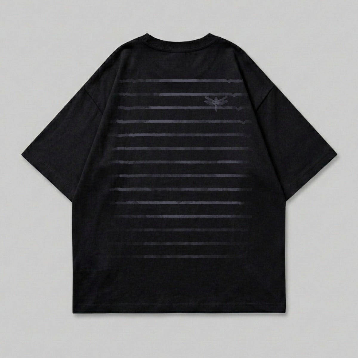 Black t-shirt with subtle horizontal stripe pattern and small dragonfly logo.