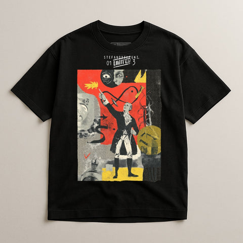 Black t-shirt with "STEFANOS LEGNI. 01 LIMITED 3" and abstract artwork.