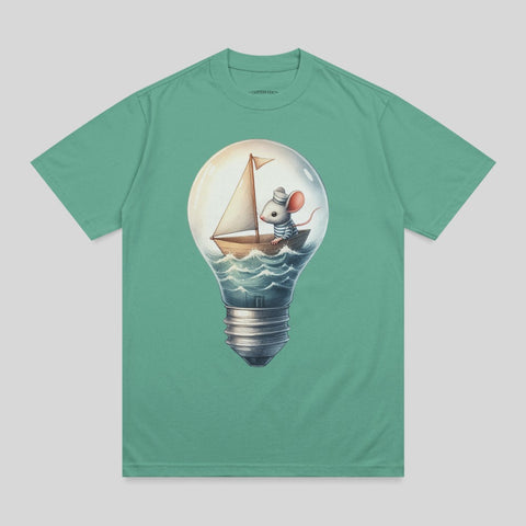 Mouse in sailboat inside a lightbulb on a teal t-shirt.
