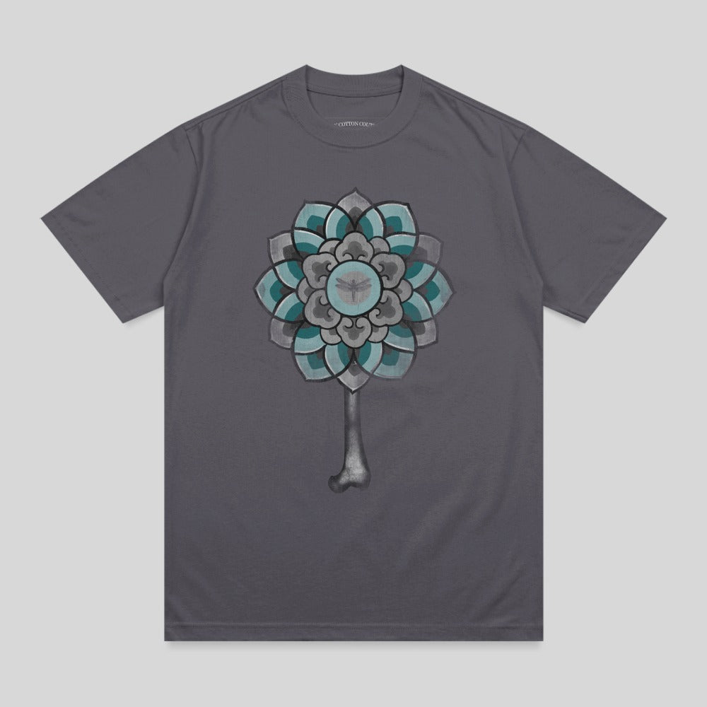 Gray t-shirt with a floral mandala design and a bone stem.