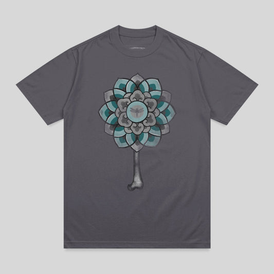 Gray t-shirt with a floral mandala design and a bone stem.