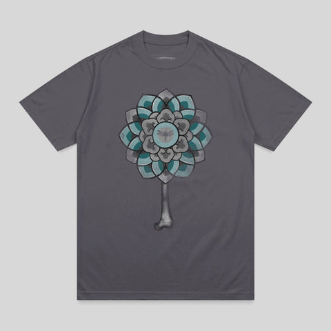 Gray t-shirt with a floral mandala design and a bone stem.