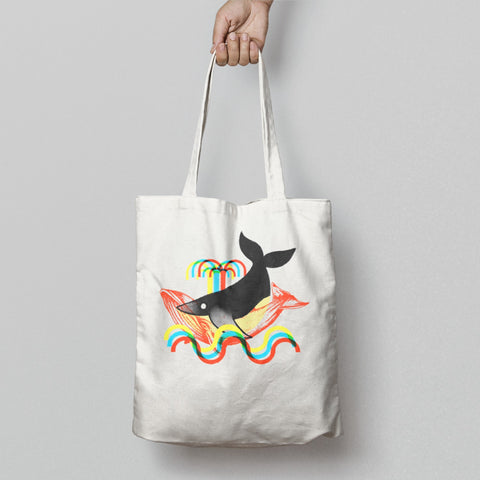 Colorful Whale Tote Bag with Rainbow Waves Design