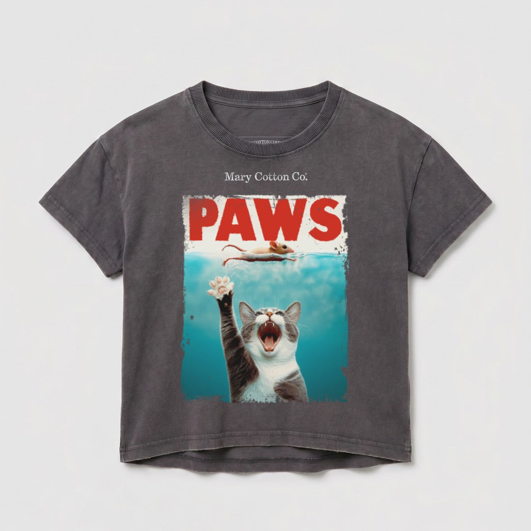 Dark grey t-shirt featuring a distressed graphic of a cat reaching for a mouse.
