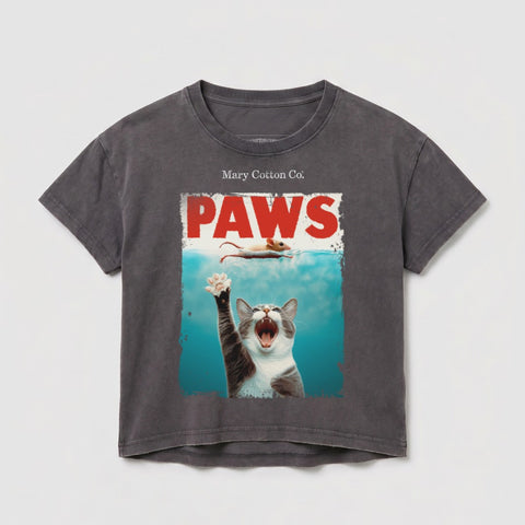 Dark grey t-shirt featuring a distressed graphic of a cat reaching for a mouse.