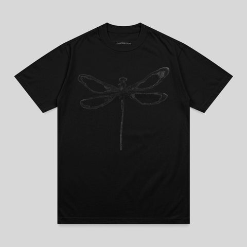 Black t-shirt with a tonal gray dragonfly graphic and text at collar.