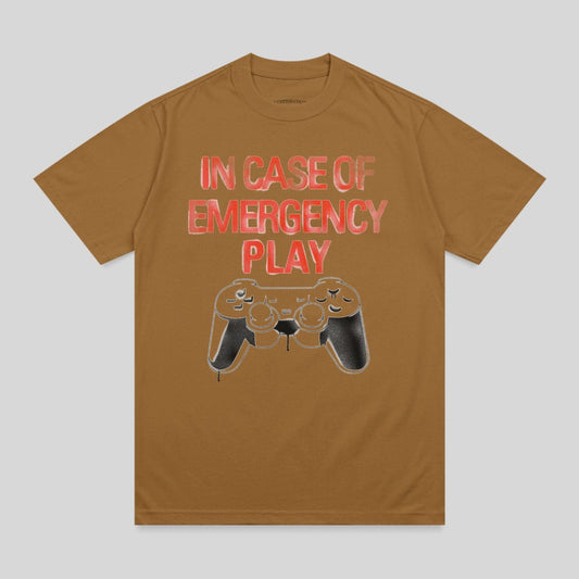 Brown t-shirt with "IN CASE OF EMERGENCY PLAY" and a controller graphic.