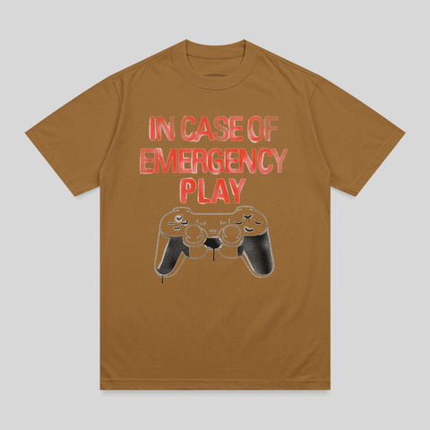 Brown t-shirt with "IN CASE OF EMERGENCY PLAY" and a controller graphic.