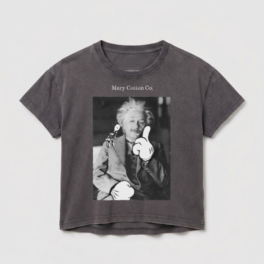 Grey cropped t-shirt with Albert Einstein graphic and "Mary Cotton Co." text.
