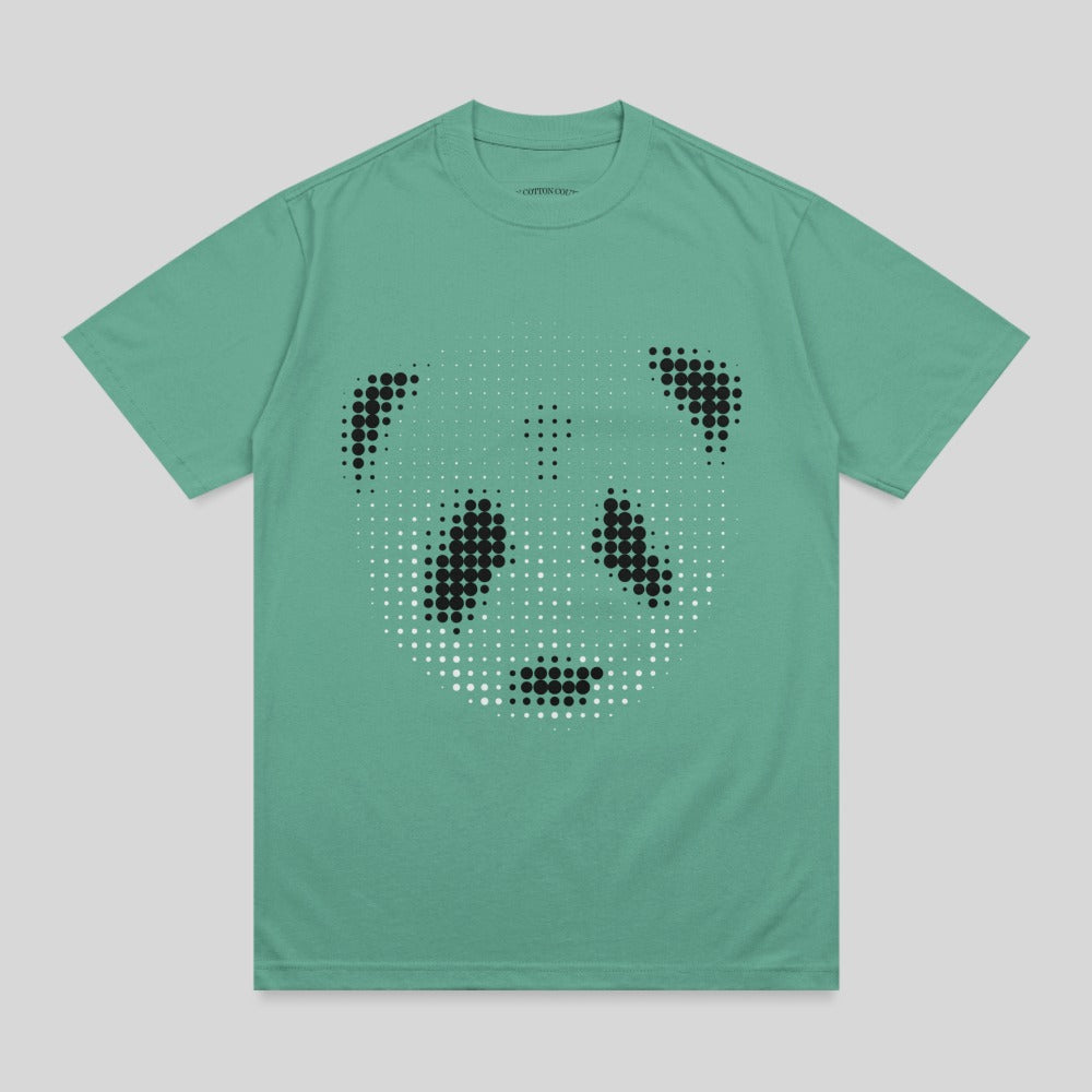 Teal t-shirt with a pixelated black and white panda face design.