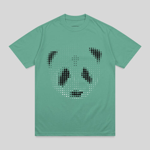 Teal t-shirt with a pixelated black and white panda face design.