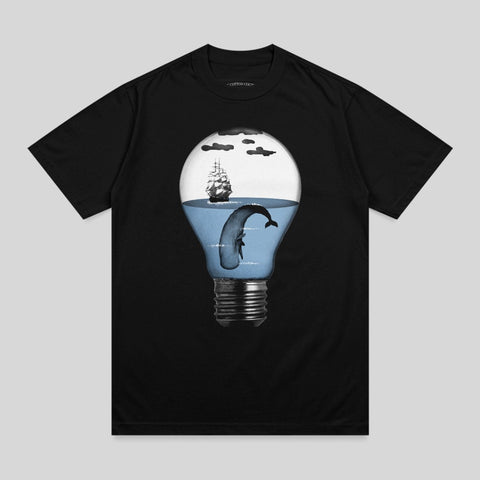 Black t-shirt with a lightbulb containing a whale and sailboat.