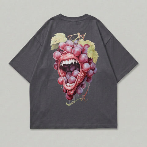 Dark gray t-shirt with graphic of a bunch of grapes with a face and open mouth.