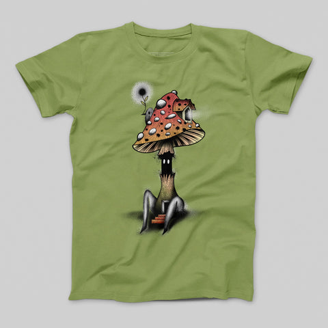 Whimsical Mushroom Creature Art Tee in Green Color Shirt