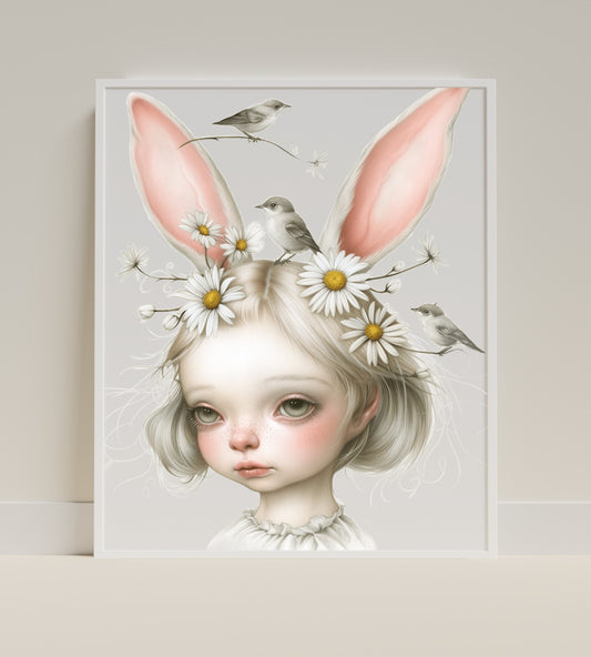 Whimsical Bunny Ears Girl with Birds and Flowers Print