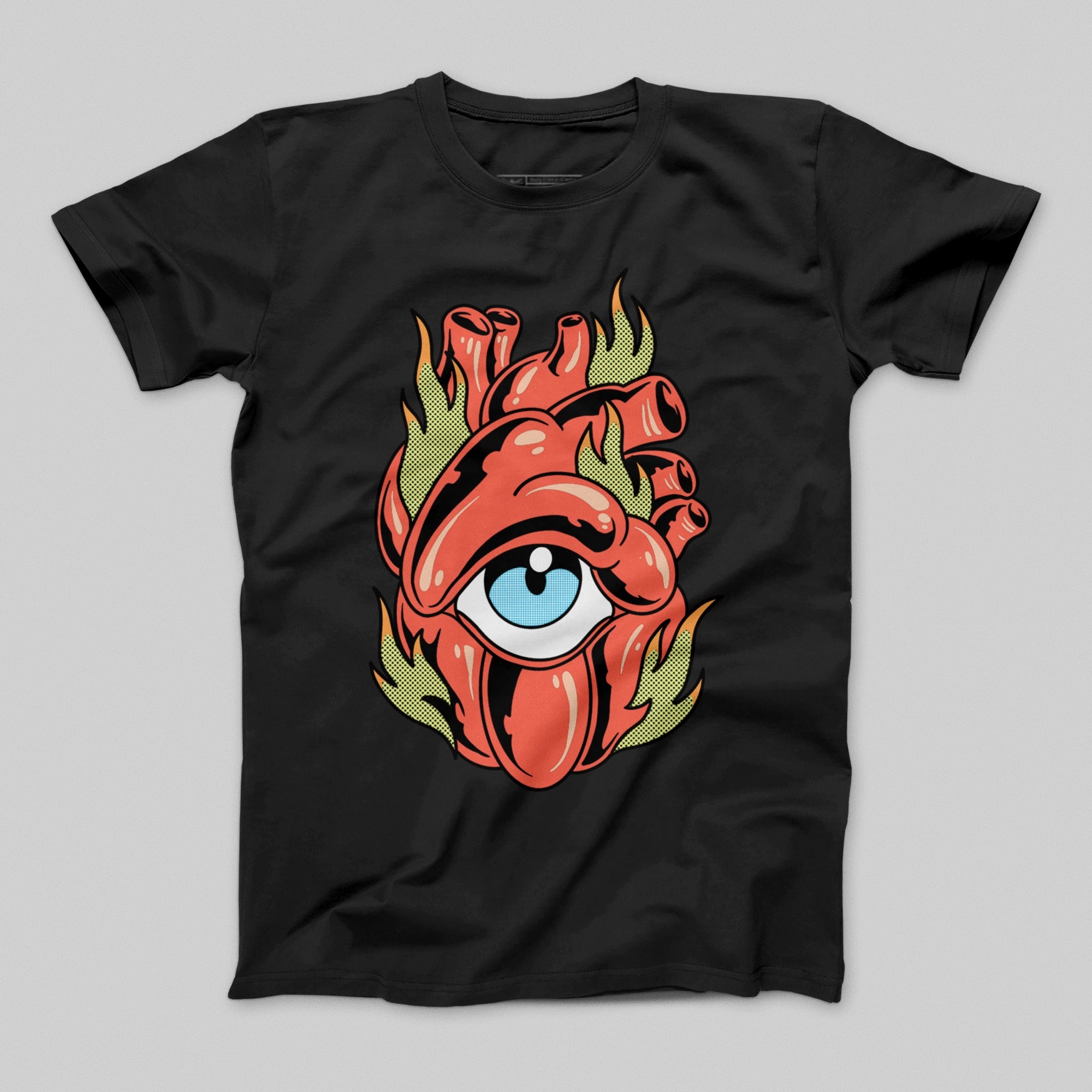 Fiery Heart and Eye Graphic Design T-shirt