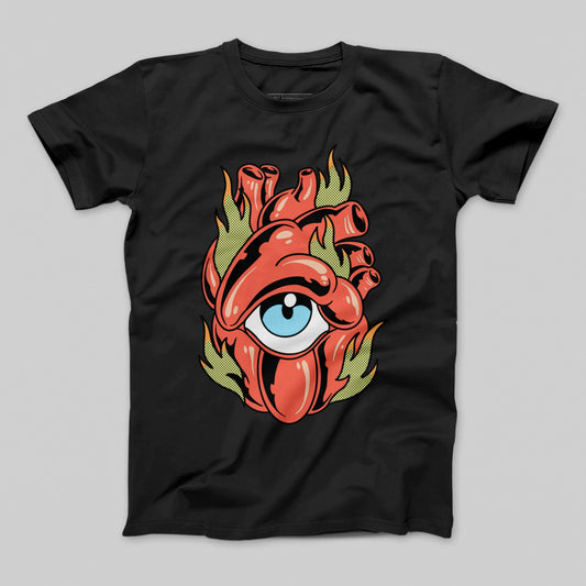 Fiery Heart and Eye Graphic Design T-shirt