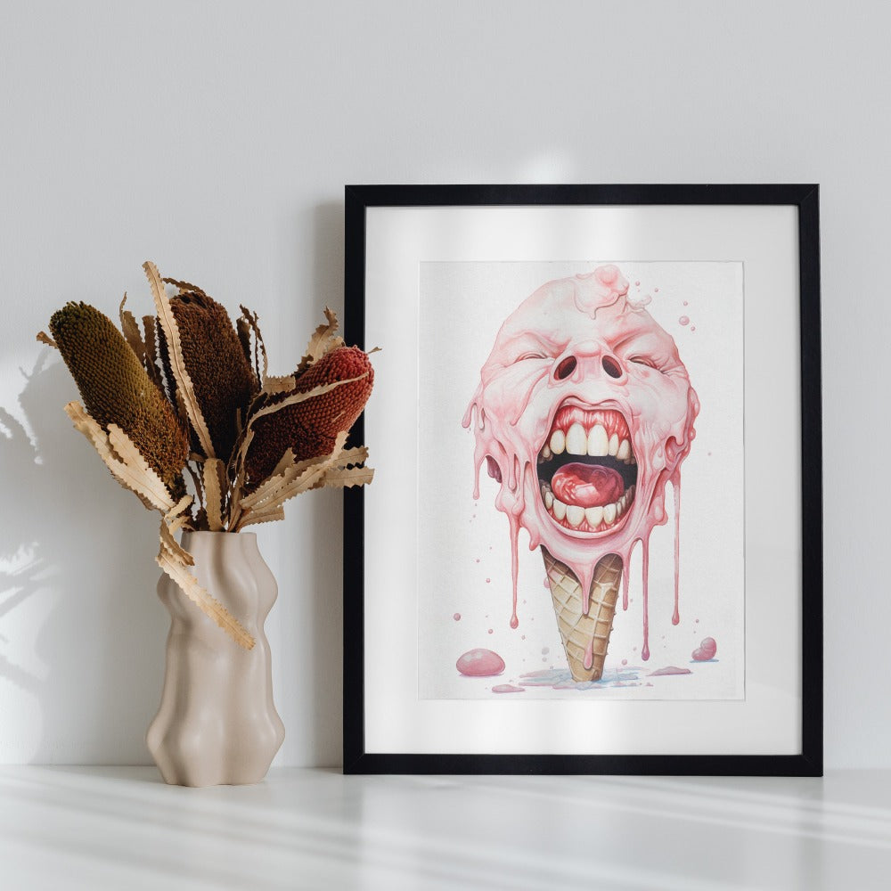 Ice Cream Cone Melting Face Framed Art Print