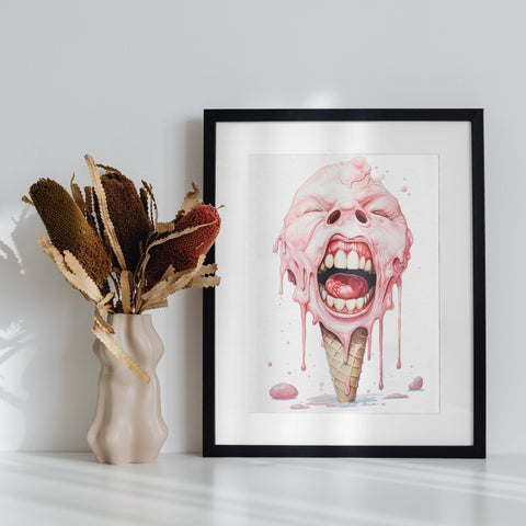 Ice Cream Cone Melting Face Framed Art Print