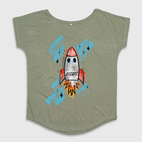 Rocketship Graphic Design on Olive Green tee product