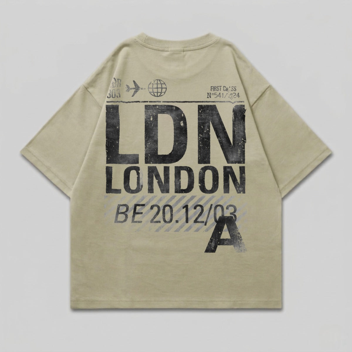 T-shirt with "LDN LONDON" and flight information in distressed black text.