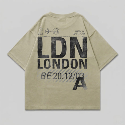 T-shirt with "LDN LONDON" and flight information in distressed black text.