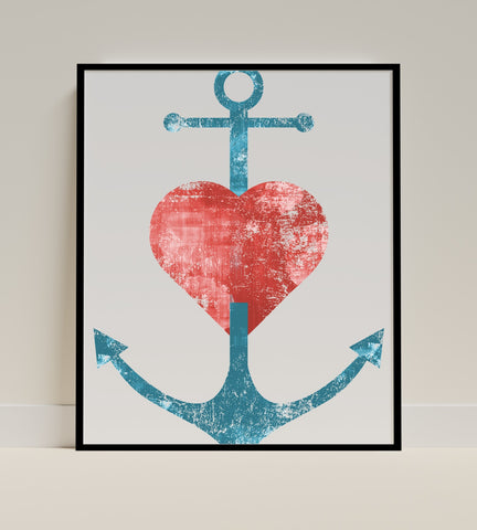 Distressed Anchor and Heart Wall Art Print Home Decor