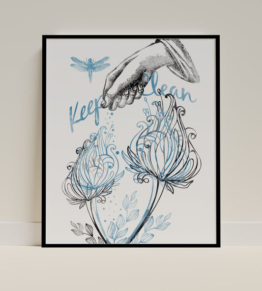 Keep Clean Dragonfly and Flowers Artwork Poster