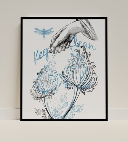 Keep Clean Dragonfly and Flowers Artwork Poster