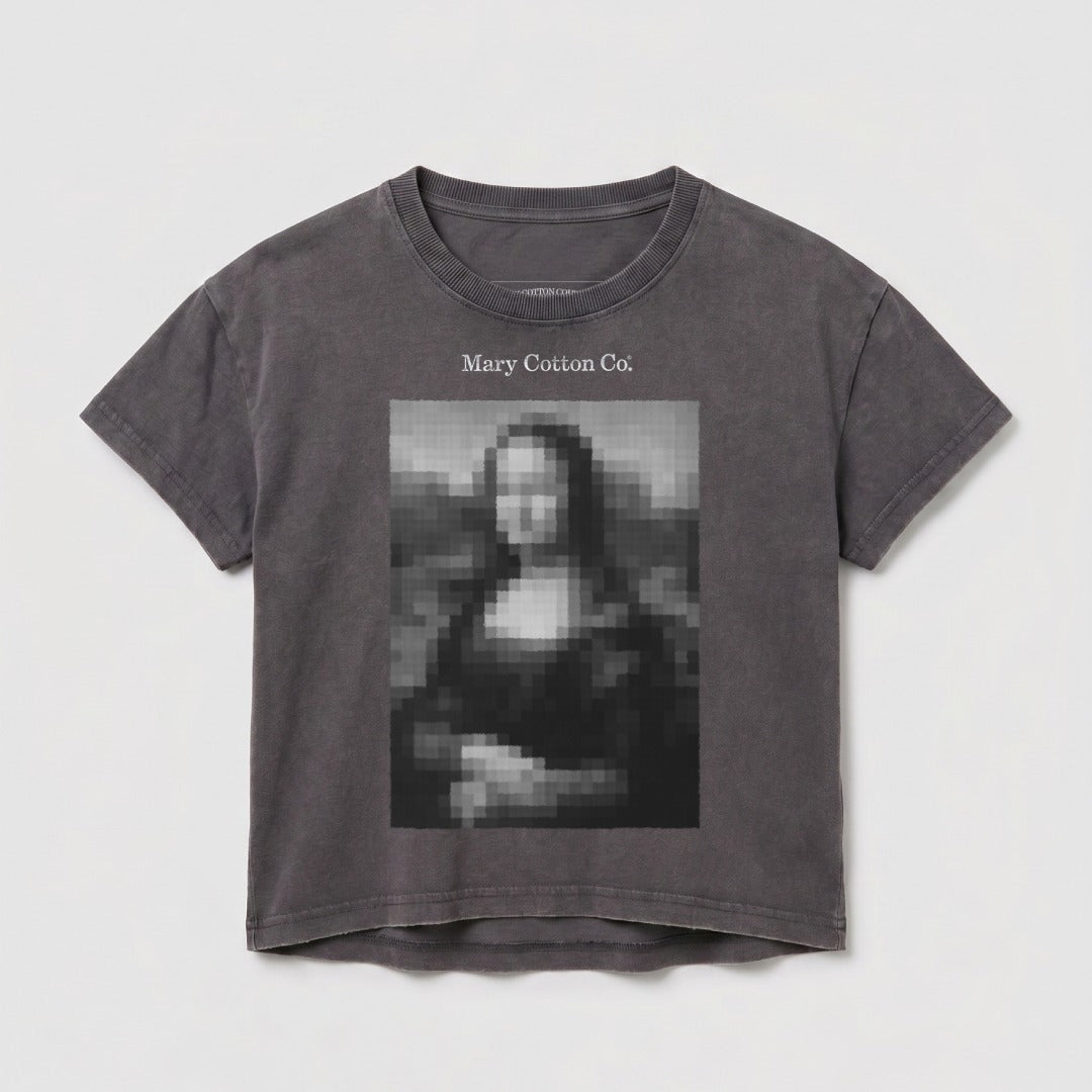 Gray t-shirt with Mona Lisa pixel art and "Mary Cotton Co." text.