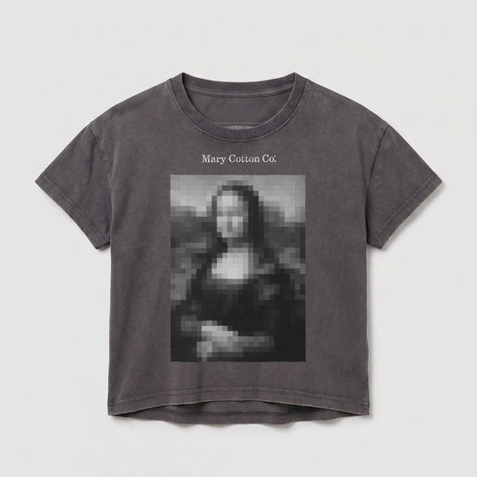 Gray t-shirt with Mona Lisa pixel art and "Mary Cotton Co." text.