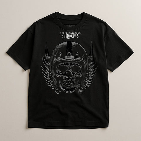 Skull Helmet Graphic Design Black Short Sleeve Shirt