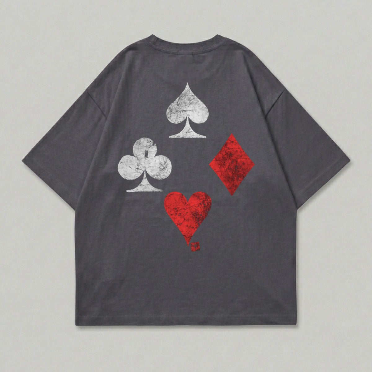 Dark grey t-shirt with distressed playing card suits: spade, club, diamond, heart.